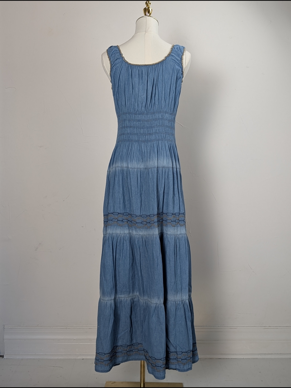 Boho Lapis Blue Chambray Smocked Tiered Maxi Dress in Blue - Picture 3 of 5